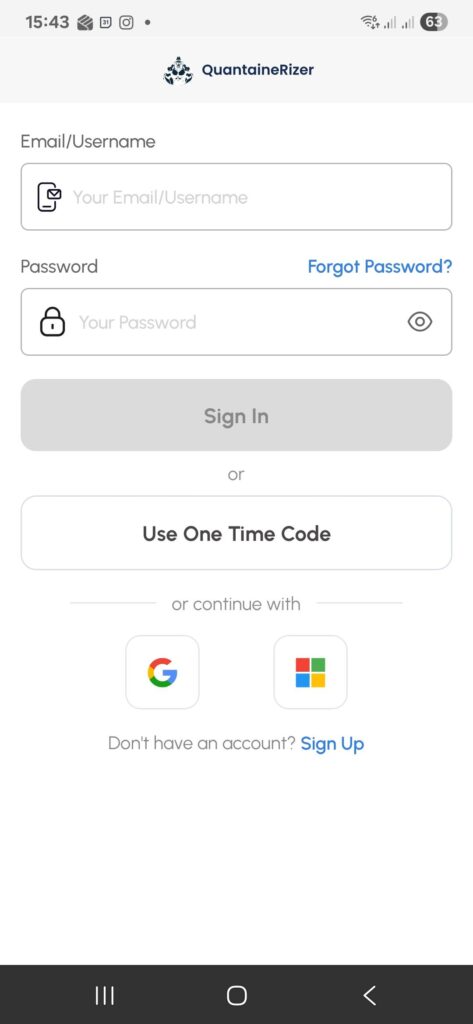 Login form in QuantainRizer mobile app